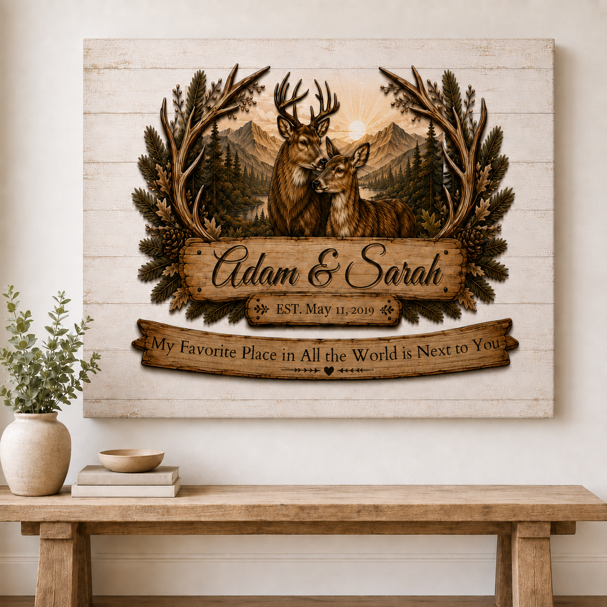 Personalized deer couple canvas displayed above a console table