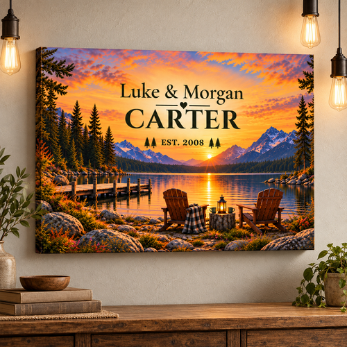 The Golden Hour Haven | Personalized Lakeside Couple Canvas