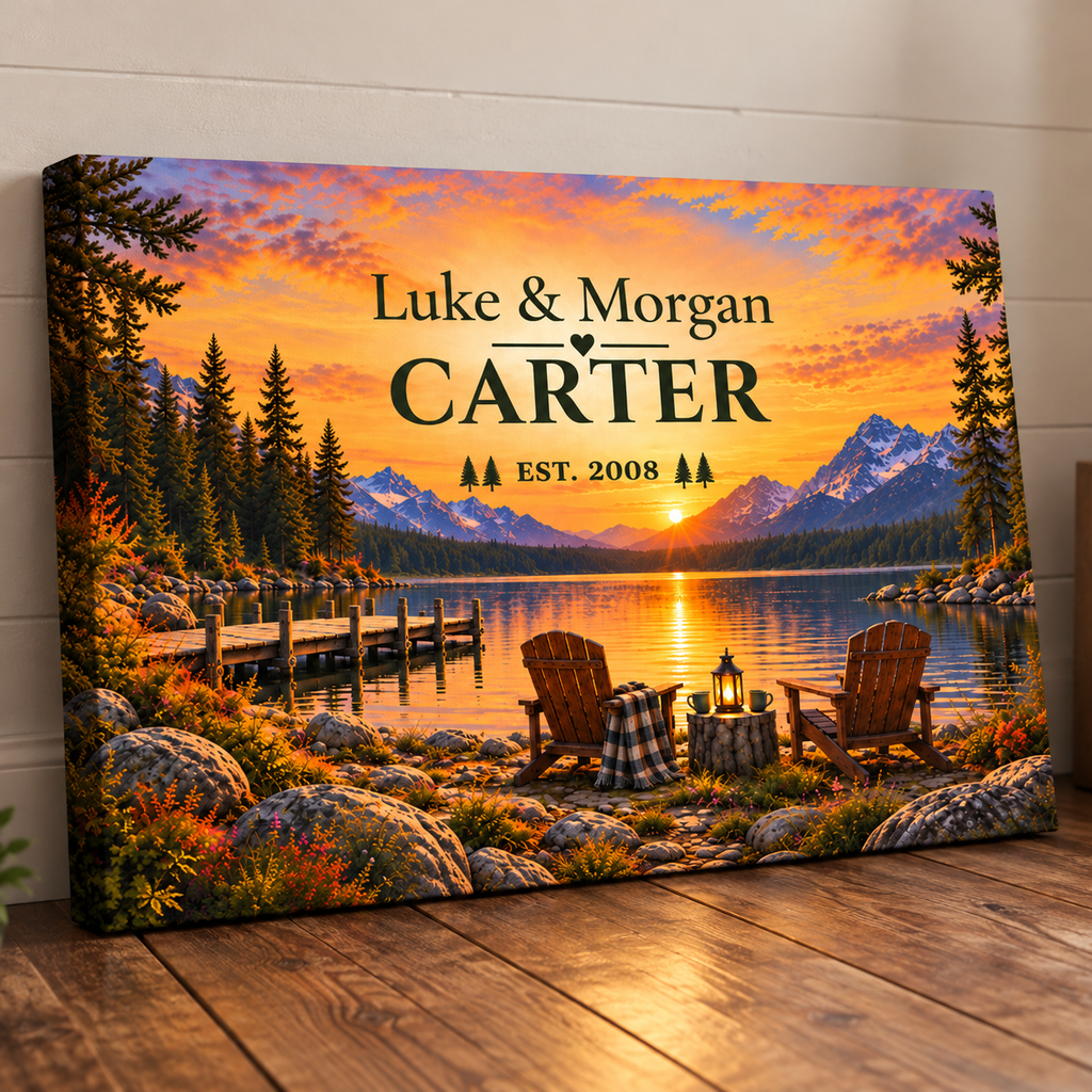 The Golden Hour Haven | Personalized Lakeside Couple Canvas