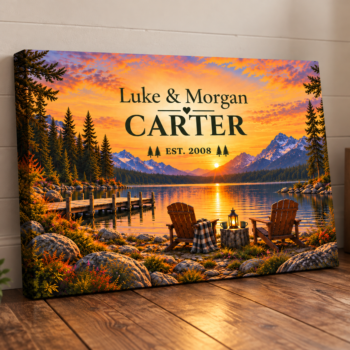 The Golden Hour Haven | Personalized Lakeside Couple Canvas