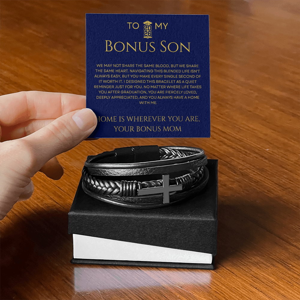 To My Bonus Son - Fiercely Loved Cross Leather Bracelet Gift from Stepmom