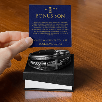To My Bonus Son - Fiercely Loved Cross Leather Bracelet Gift from Stepmom
