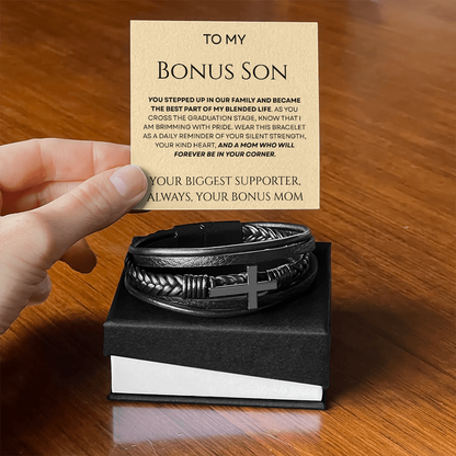 To My Bonus Son - Biggest Supporter Braided Leather Bracelet Gift