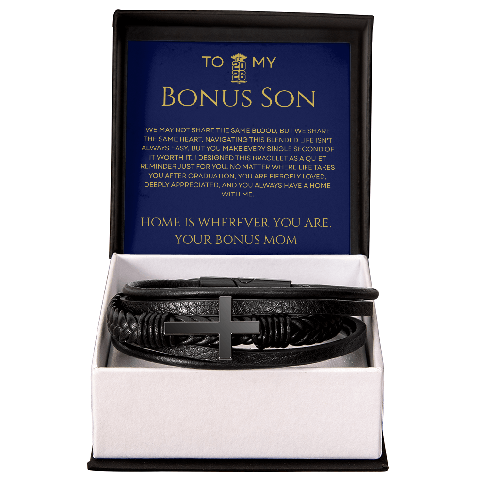 To My Bonus Son - Fiercely Loved Cross Leather Bracelet Gift from Stepmom