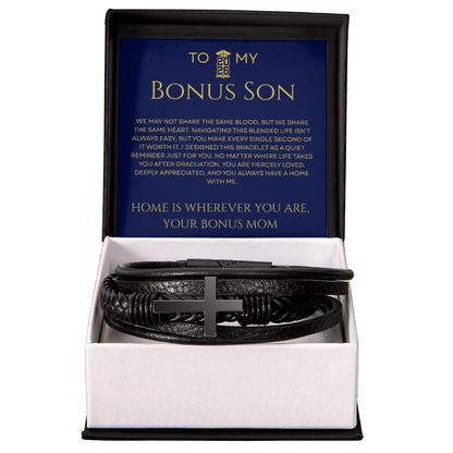 To My Bonus Son - Fiercely Loved Cross Leather Bracelet Gift from Stepmom