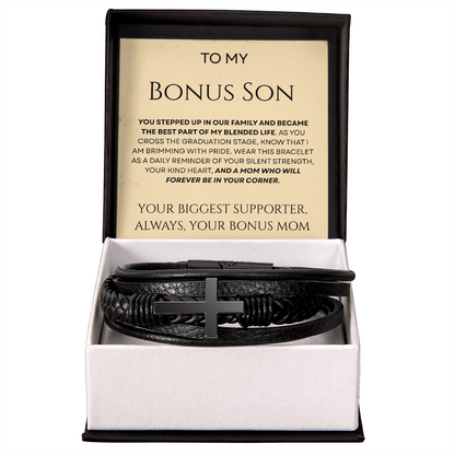 To My Bonus Son - Biggest Supporter Braided Leather Bracelet Gift