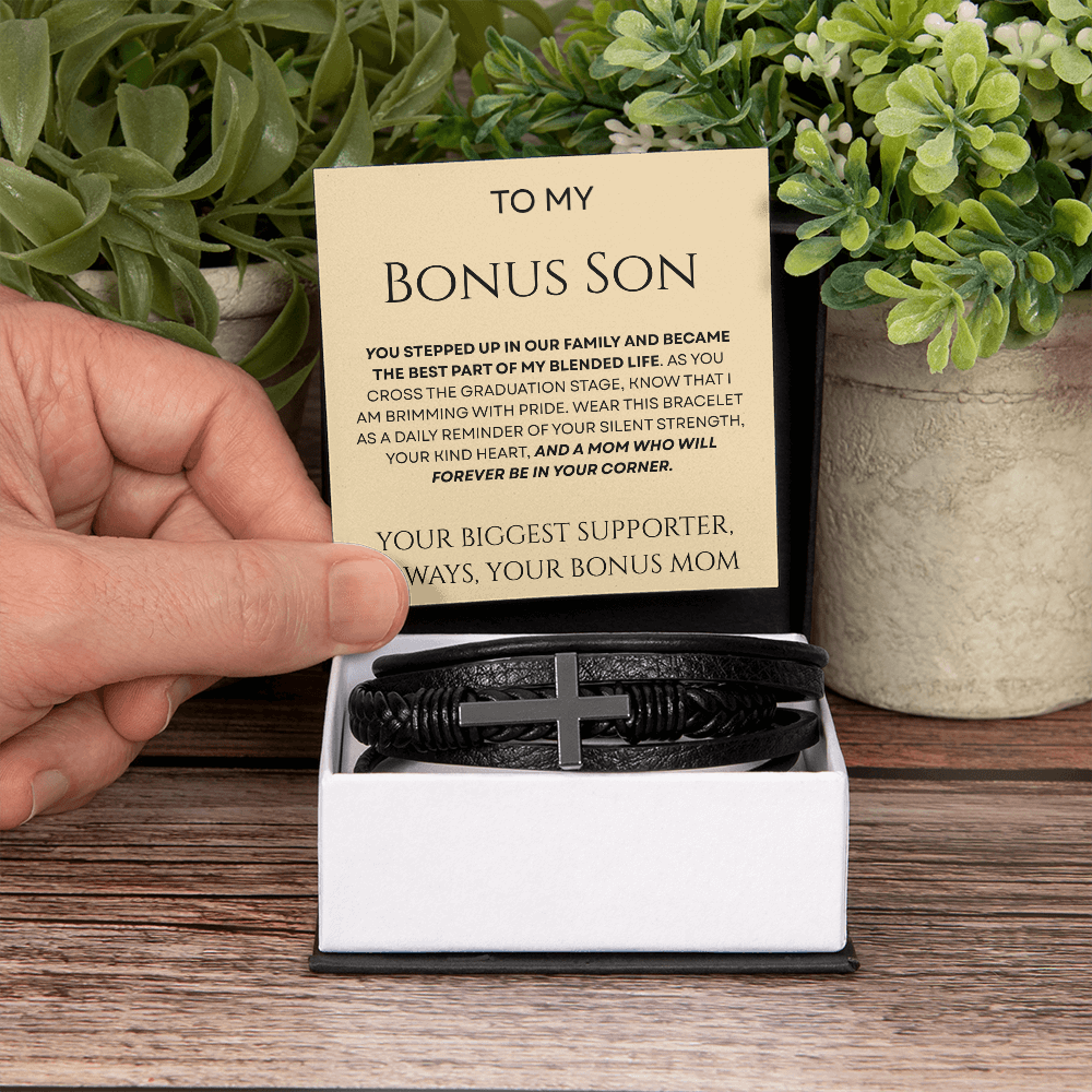 To My Bonus Son - Biggest Supporter Braided Leather Bracelet Gift