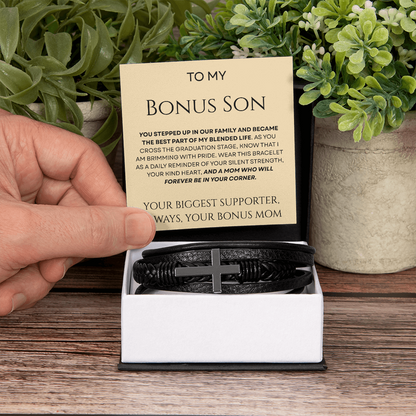 To My Bonus Son - Biggest Supporter Braided Leather Bracelet Gift