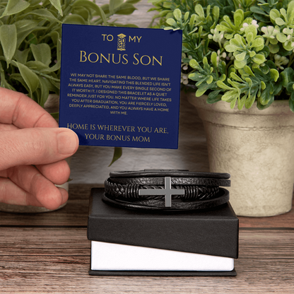 To My Bonus Son - Fiercely Loved Cross Leather Bracelet Gift from Stepmom