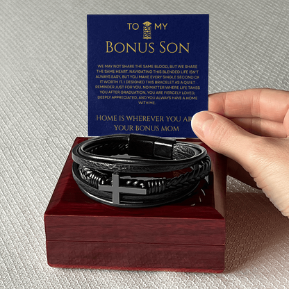 To My Bonus Son - Fiercely Loved Cross Leather Bracelet Gift from Stepmom