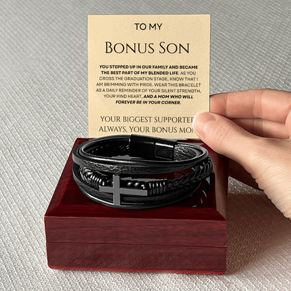 To My Bonus Son - Biggest Supporter Braided Leather Bracelet Gift