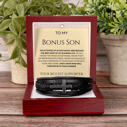To My Bonus Son - Biggest Supporter Braided Leather Bracelet Gift