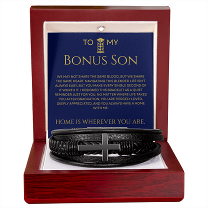 To My Bonus Son - Fiercely Loved Cross Leather Bracelet Gift from Stepmom