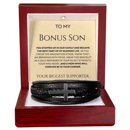 To My Bonus Son - Biggest Supporter Braided Leather Bracelet Gift