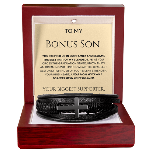 To My Bonus Son - Biggest Supporter Braided Leather Bracelet Gift